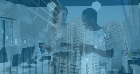 Animation of financial data processing and cityscape over diverse business people in office - Powered by Adobe