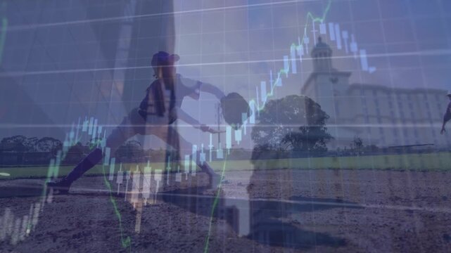 Animation of data processing and cityscape over diverse baseball players