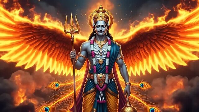 Hindu God Shiva with fiery wings and trident.