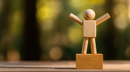 Celebrating achievement wooden figure on success podium in sunlit forest setting
