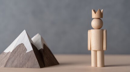 Artistic minimalism wooden figure places crown on distant peak symbolizing ambition and aspiration