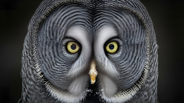 portrait of a snowy owl, great grey owl, Ultra-realistic close-up portrait of a great grey owl, perfectly centered face, intense piercing yellow eyes staring directly at the camera, detailed circular 
