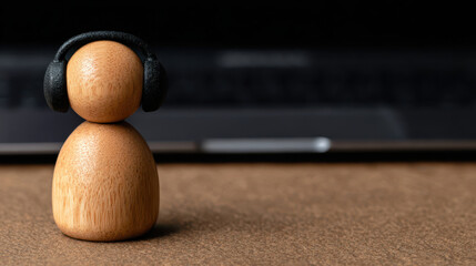 Remote work setup featuring wooden figure with headset at desk virtual environment focus on modern work culture