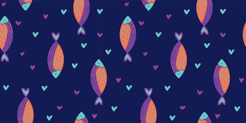fish, pattern, seamless, hearts, marine, ocean, blue, cute, vector, texture, background, textile, fabric, wrapping, wallpaper, childish, playful, decorative, repeat, aquatic, romantic, illustration, s