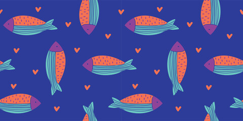 Seamless Fish Pattern with Hearts on Deep Blue Background, Cute Marine Vector Texture for Fabric, Wrapping Paper and Kids Design