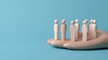Supportive wooden figures standing on a giant hand in an employee wellness environment