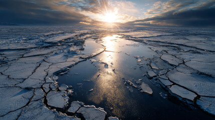 Aerial view of cracked permafrost terrain with patterned ground and ice lenses reflecting sunlight. Life in permafrost conditions, climate change problems on the planet. Global warming