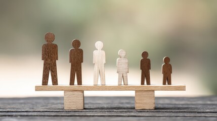 Exploring wooden figures of varying heights on a flat plank a study of equality versus standard in artistic representation