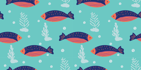 Seamless Fish Pattern with Sea Plants on Mint Background, Fresh Marine Vector Texture for Fabric and Nursery Design