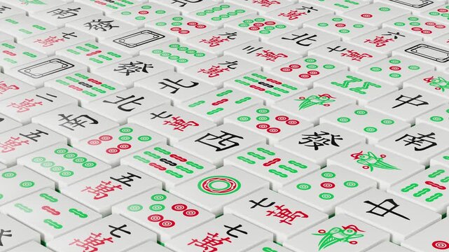 Close-up of classic tiles for board game mahjong arranged together. The camera moves overhead the tiles where the symbols change. Looped 3d animation.