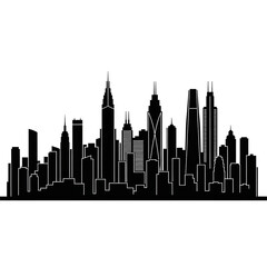 Obraz premium Black silhouette of a modern city skyline with numerous tall buildings and skyscrapers against a white background.