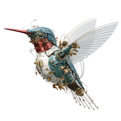 Obraz premium Mechanical hummingbird made of metal and glass, showing intricate design and colorful details in mid-flight position