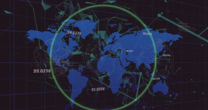 Animation of globe and book with airplane model spinning on blue background