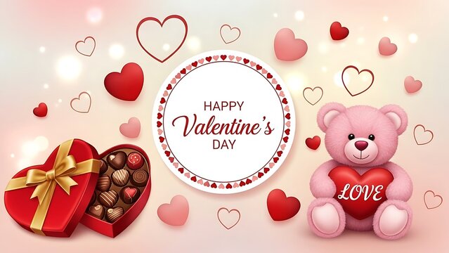 Happy Valentine's Day greeting card with cute pink teddy bear heart chocolate box and romantic bokeh background