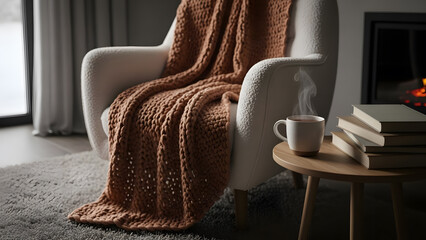 A white armchair with a chunky knit orange blanket next to a steaming cup and books