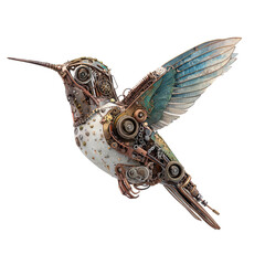 Obraz premium Metal hummingbird sculpture in flight created with gears and mechanical parts showcasing art and design in an imaginative style