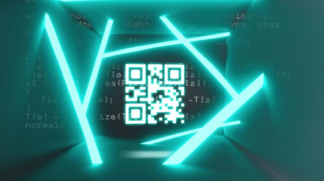 Animation of data processing over neon green qr code scanner against grey background