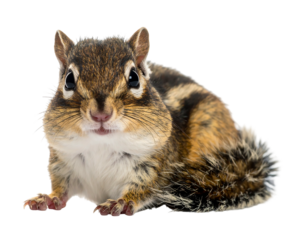 Close-up of a small, furry rodent with stripes on its back and face