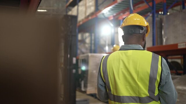 Blue collar workers are working at warehouse. Logistics, transportation.