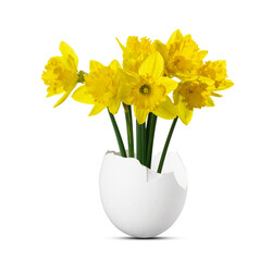 daffodil flower bouquet standing in a white easter egg isolated on transparent background, floral texture decoration overlay template for greeting cards in easter holiday season