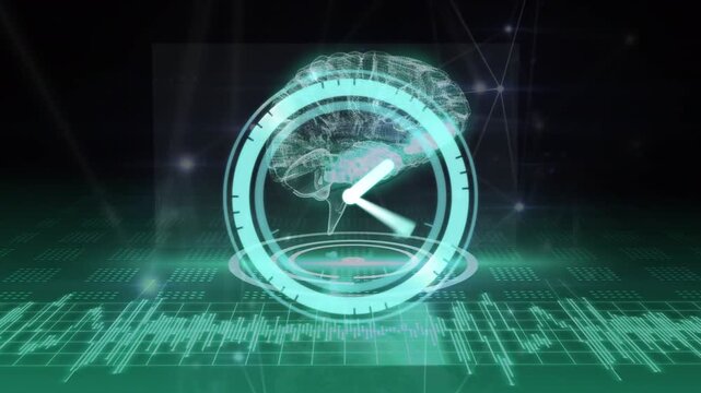 Animation of clock moving over network of connections and brain