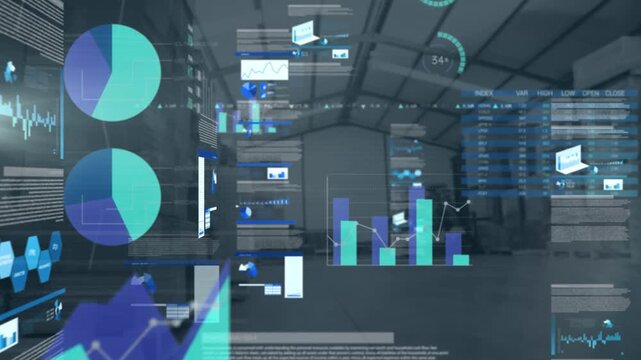 Animation of statistics and data processing over man using laptop
