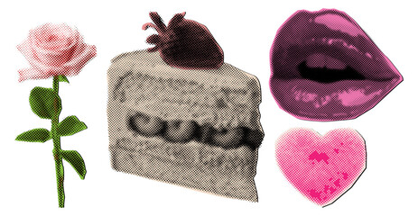 Love Valentine's day collage elements set, Halftone style cut out red rose with leaves, pink heart and lips,cake with strawberry