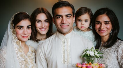 Obraz premium Family portrait at a celebration with diverse group of adults and child dressed in traditional attire