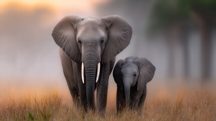 Obraz premium Mother and baby elephant walking through a misty savannah at sunset with blurred background