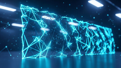 Abstract glowing blue geometric network structure with connected lines and points in a futuristic digital cyberspace environment