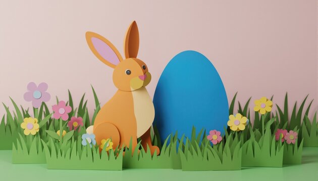 3d abstract paper cut illustration of colorful paper art easter rabbit, grass, flowers and blue egg shape.
