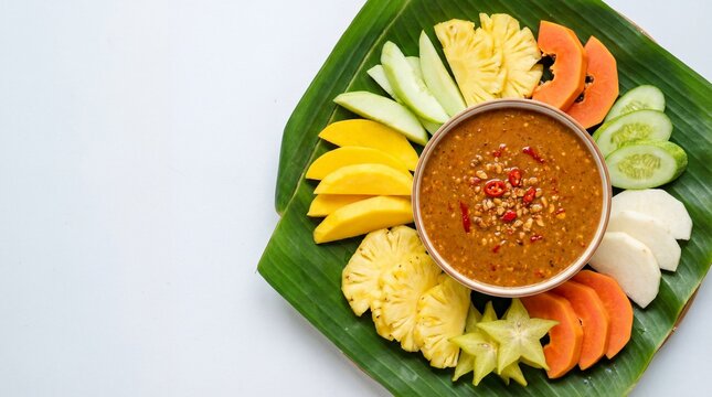 Vibrant high-resolution top-down image of Indonesian fruit rujak with spicy peanut sauce on banana leaf &mdash; ideal for editorial and commercial food design use.