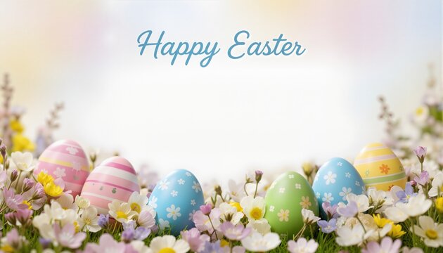 Happy Easter. Congratulatory easter background. Easter eggs and flowers. Background with copy space. Selective focus.
- Powered by Adobe
