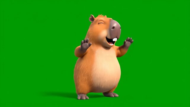 Cute animated capybara in 4K video with green screen chroma key for easy compositing