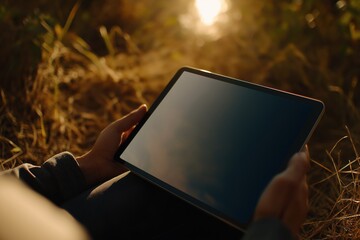 Hands holding digital tablet outdoor during sunset