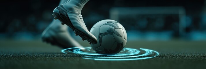 Soccer player foot in cleat kicking football on green grass field with futuristic blue glowing digital effect, game in progress