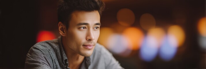 Pensive young Asian man looking away with a thoughtful expression. Blurry background featuring warm and cool bokeh lights, suggesting an intimate indoor evening setting