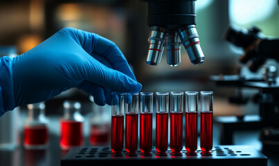 close-up of hands in blue gloves holding a test tube with a red liquid and a laboratory microscope in the background