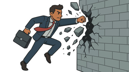 A determined businessman in a suit punches through a gray brick wall with force.