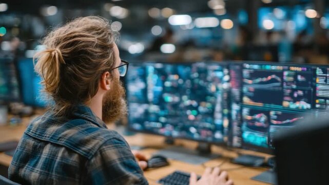 Innovative Researcher Analyzing Machine Learning Trading Model with Robot Assistant
