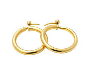 Two polished gold hoop earrings with small ball closures on black