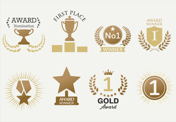 Award Winner simple emblem collection of gold laurel and gold emblem first place with text isolated on white background 