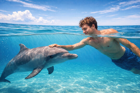 Man Touching Dolphin in clear blue ocean water