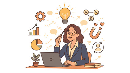 A smiling businesswoman with a laptop and creative ideas surrounding her workspace