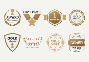 Award Winner simple emblem collection of gold laurel and gold emblem first place with text isolated on white background 