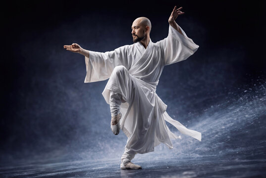 Master practicing martial arts in white traditional robe