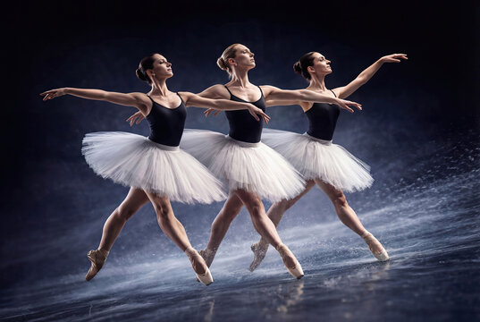 Three beautiful ballerinas dancing together on dark stage
