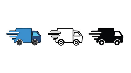 Three delivery trucks in different colors speeding along a white background