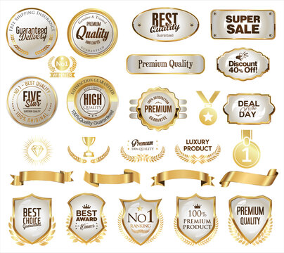 premium quality retro gold and white ribbons, labels, badges and shields collection 