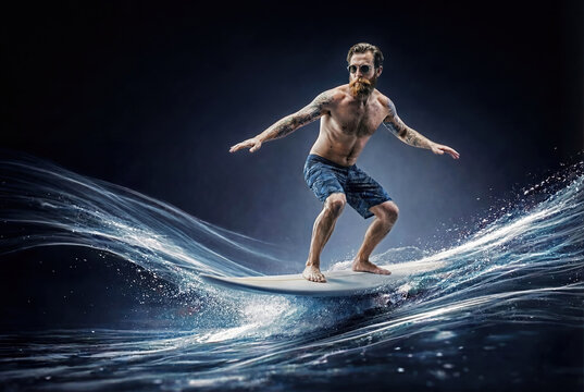 Tattooed hipster surfer riding wave on surfboard